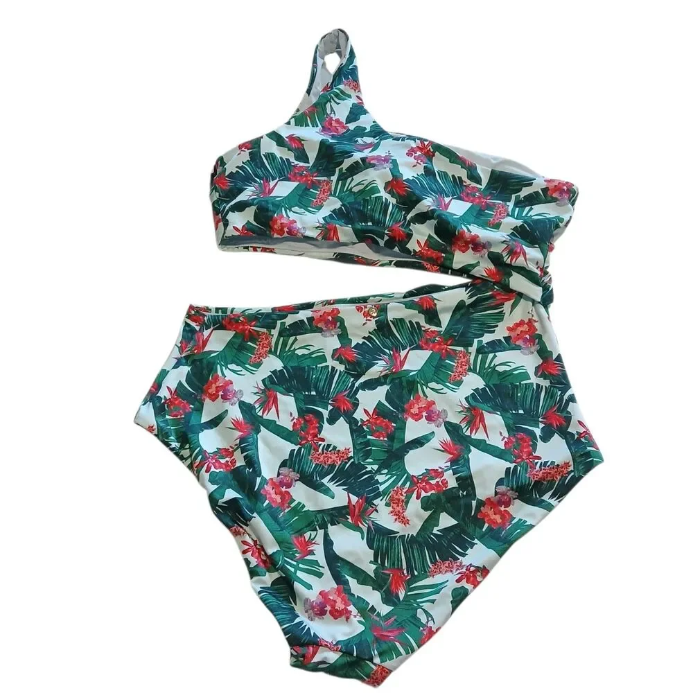 NWT XL Victoria's Secret Cut-out One-Piece Swimsuit Green Red Palm Tropical